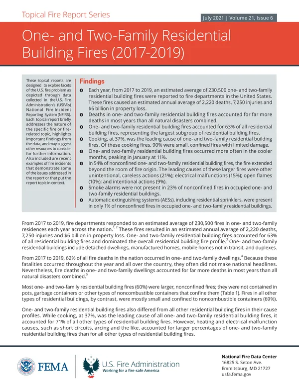 One- and Two-Family Residential Building Fires (2017-2019)