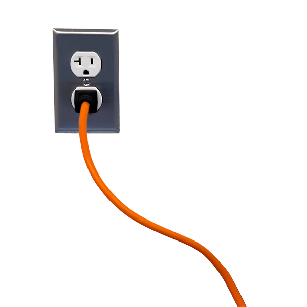 orange extension cord plugged into a wall outlet, transparent background