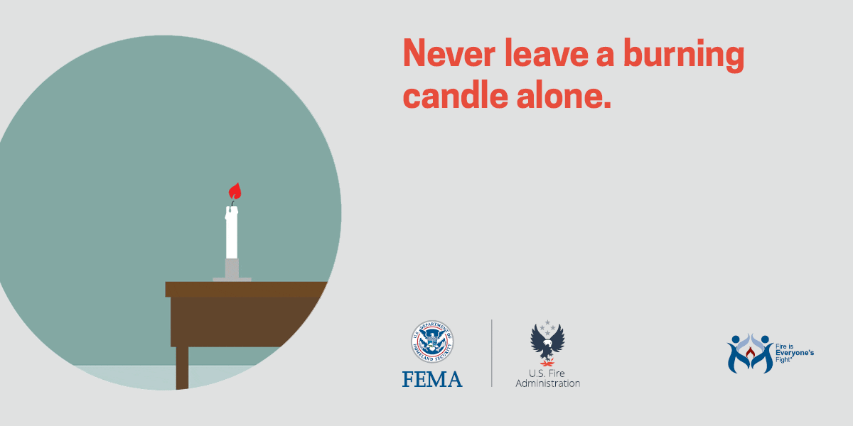 social media card: never leave a burning candle alone