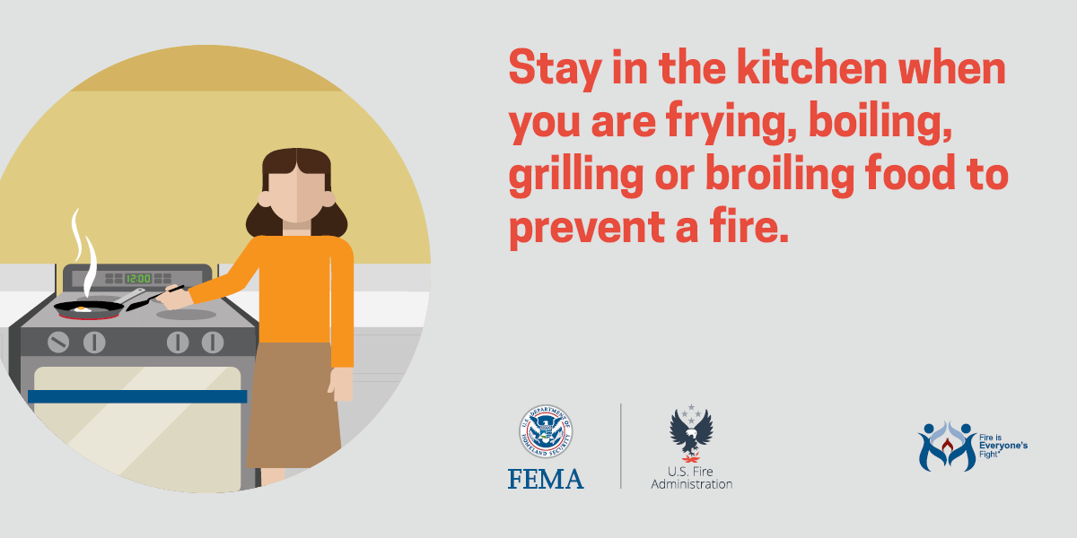 social card: stay in the kitchen when you are frying, boiling, grilling or broiling food to prevent a fire