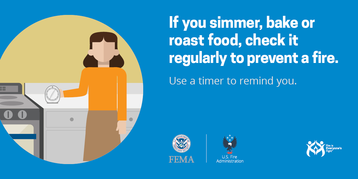 social card: if you simmer, bake or roast food, check it regularly to prevent a fire