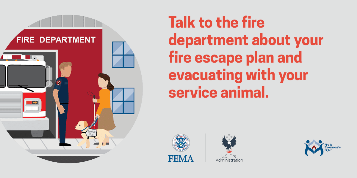 social media card: talk to the fire department about your fire escape plan and evacuating with your service animal
