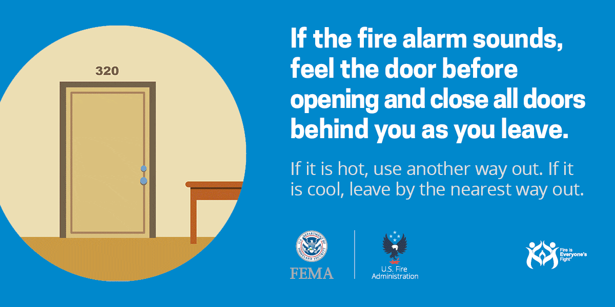 social card: if the fire alarm sounds, feel the door before opening and close all doors behind you as you leave