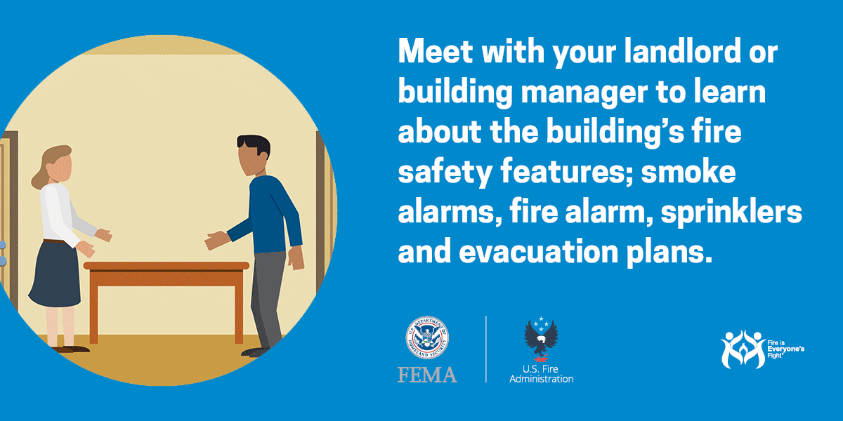 animation of two people discussing building fire safety features