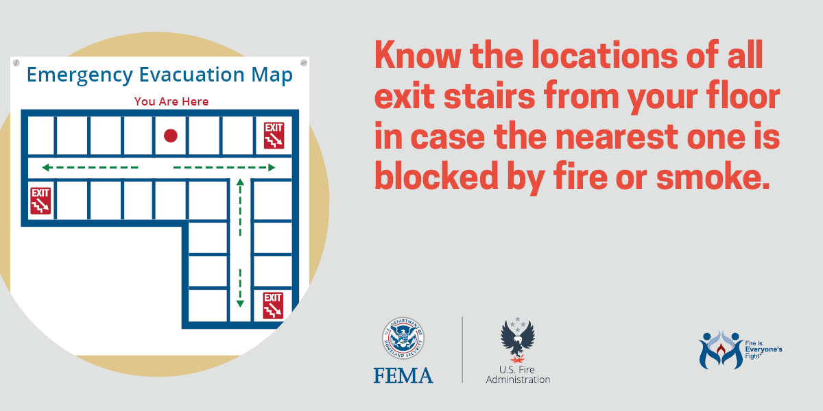 social card: know the locations of all exit stairs from your floor in case the nearest one is blocked by fire or smoke