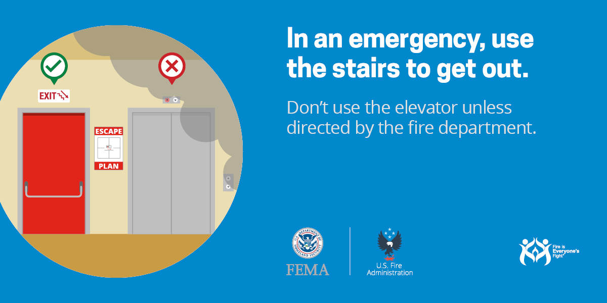 social card: in an emergency, use the stairs to get out