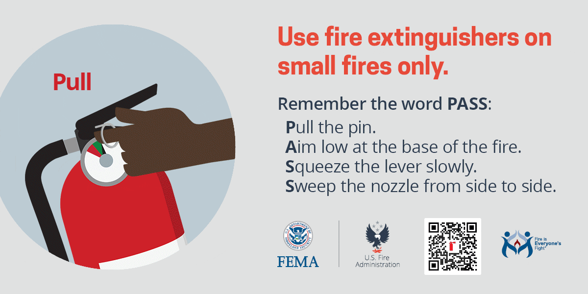 social media card: use fire extinguishers on small fires only