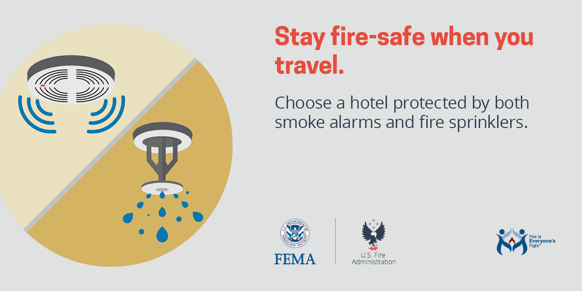 social card: stay fire-safe when you travel. Choose a hotel protected by both smoke alarms and fire sprinklers