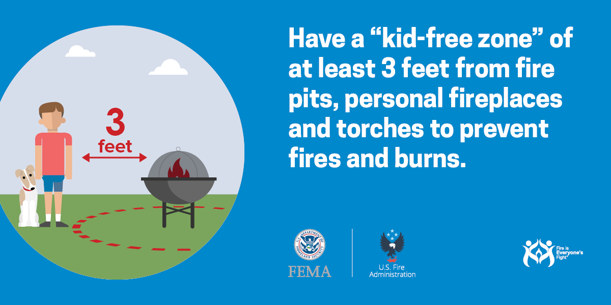 outdoor social card: have a kid-free zone of at least 3 feet from fire pits, personal fireplaces and torches to prevent fires and burns.
