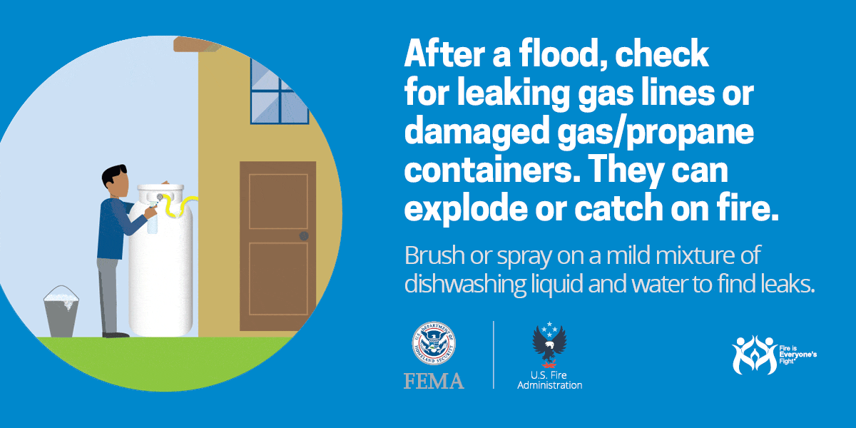 social card: after a flood, check for damaged or leaking propane containers