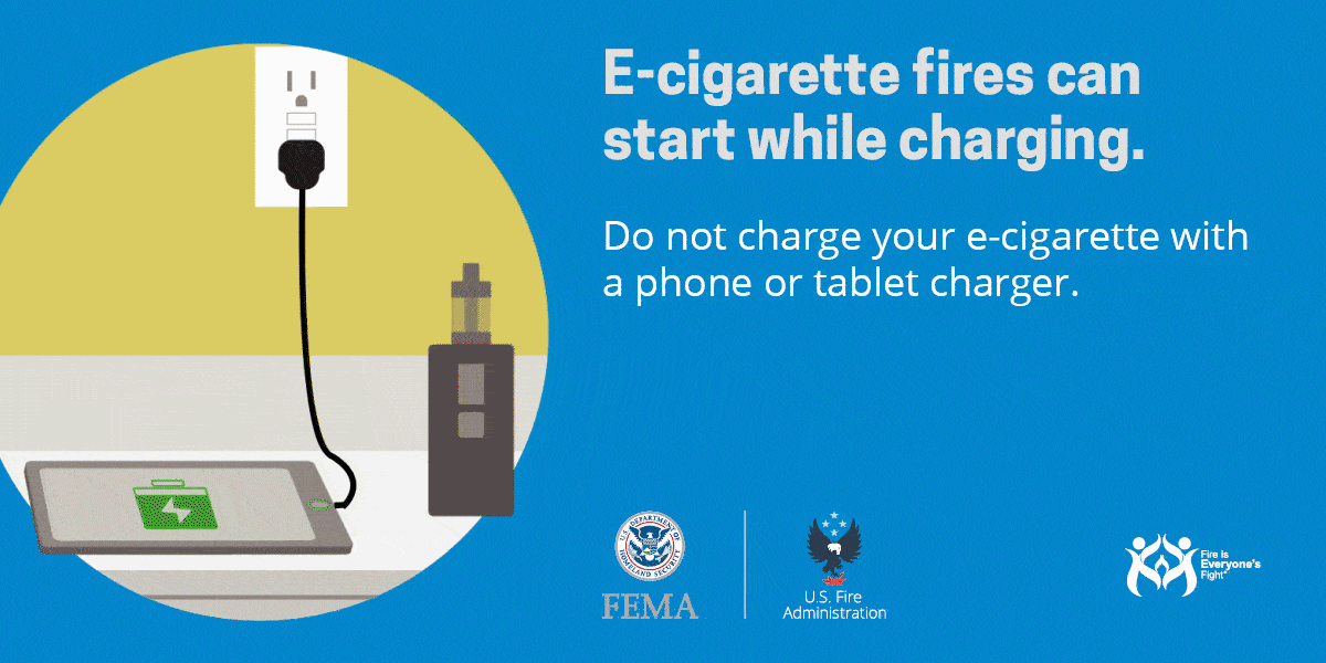 social card: E-cigarette fires can start while charging.