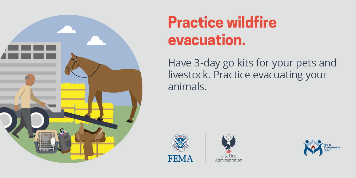 wildfire social card: practice wildfire evacuation with pets and livestock.