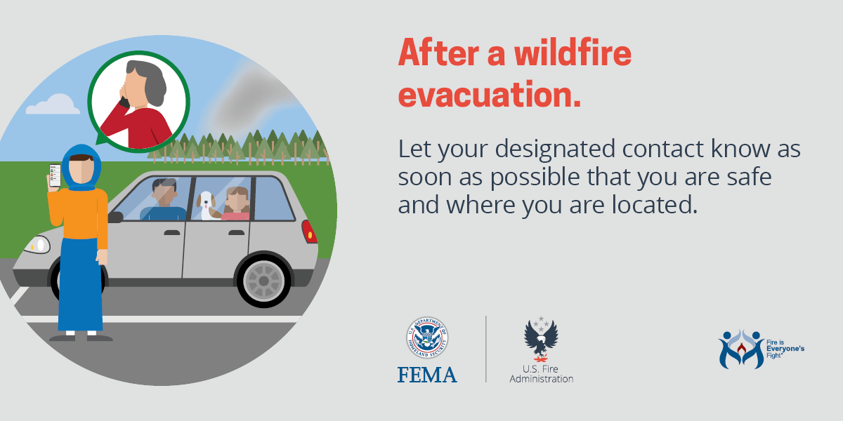 wildfire social card: after a wildfire, let your designated contact know that you are safe