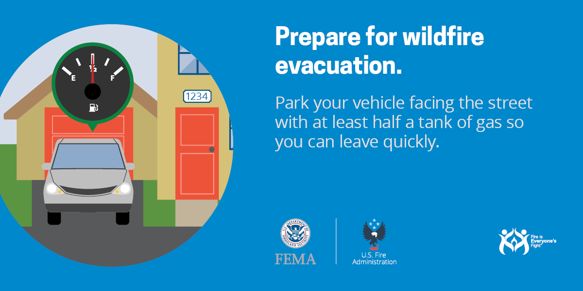 wildfire social card: during a wildfire, park your vehicle facing the street with a least half a tank of gas