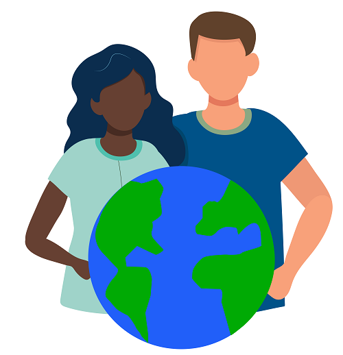 Illustration of a woman and man holding a globe of the earth in their hands