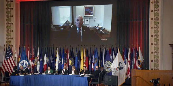 DHS Secretary Alejandro Mayorkas remotely addresses the national roundtable.