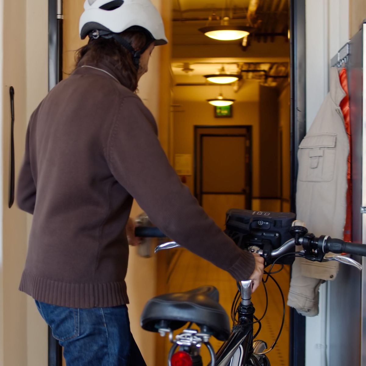 Photo of an electric bicycle stored in an apartment