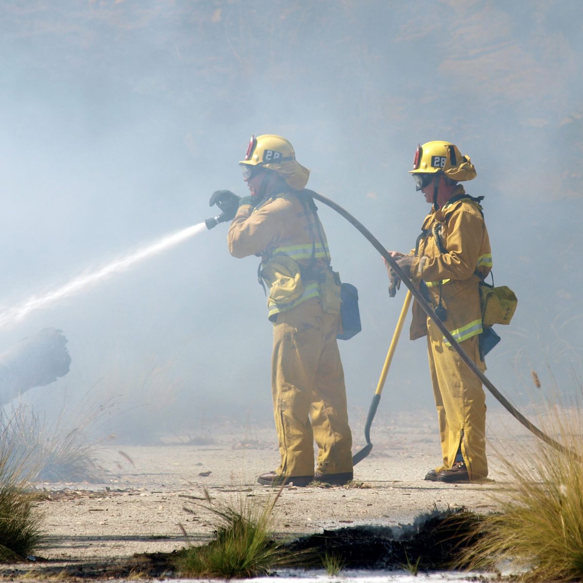 Photo of 2 firefighters fighting a wildland fire