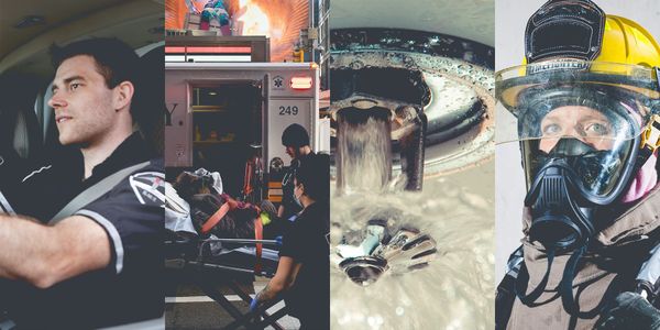 Photo collage of firefighters, EMS and indoor fire sprinklers