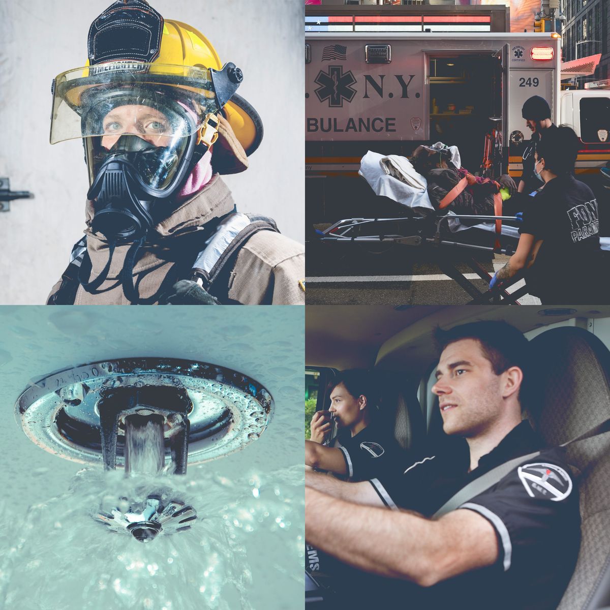 Photo collage of firefighters, EMS and indoor fire sprinklers
