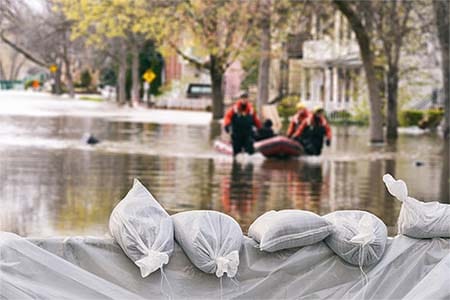 sandbags in foreground, first responders in raft on flooded street in background