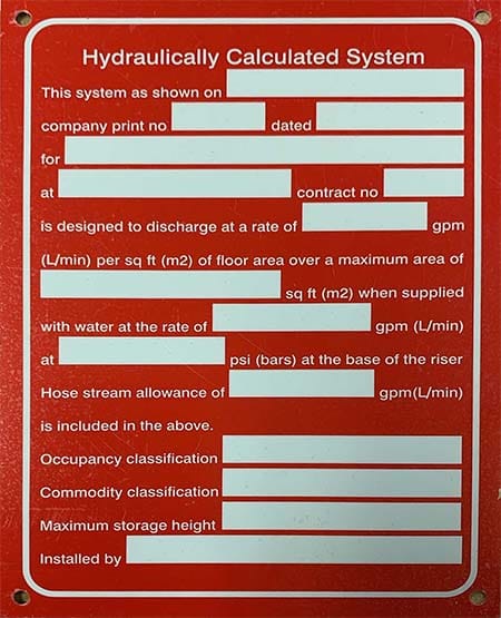 5" x 7" Automatic Sprinkler System sign NFPA Hydraulic Calculation System 