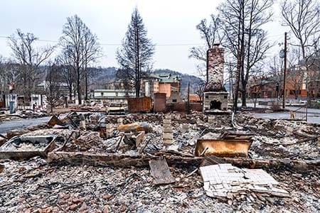 destroyed city buildings after a wildfire