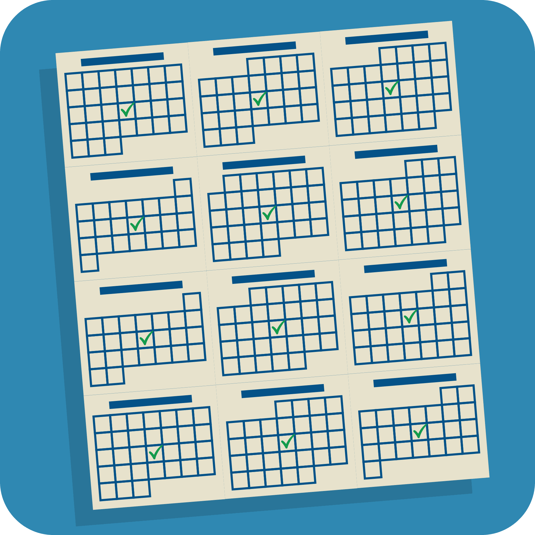 Yearly calendar showing monthly smoke alarm test dates.
