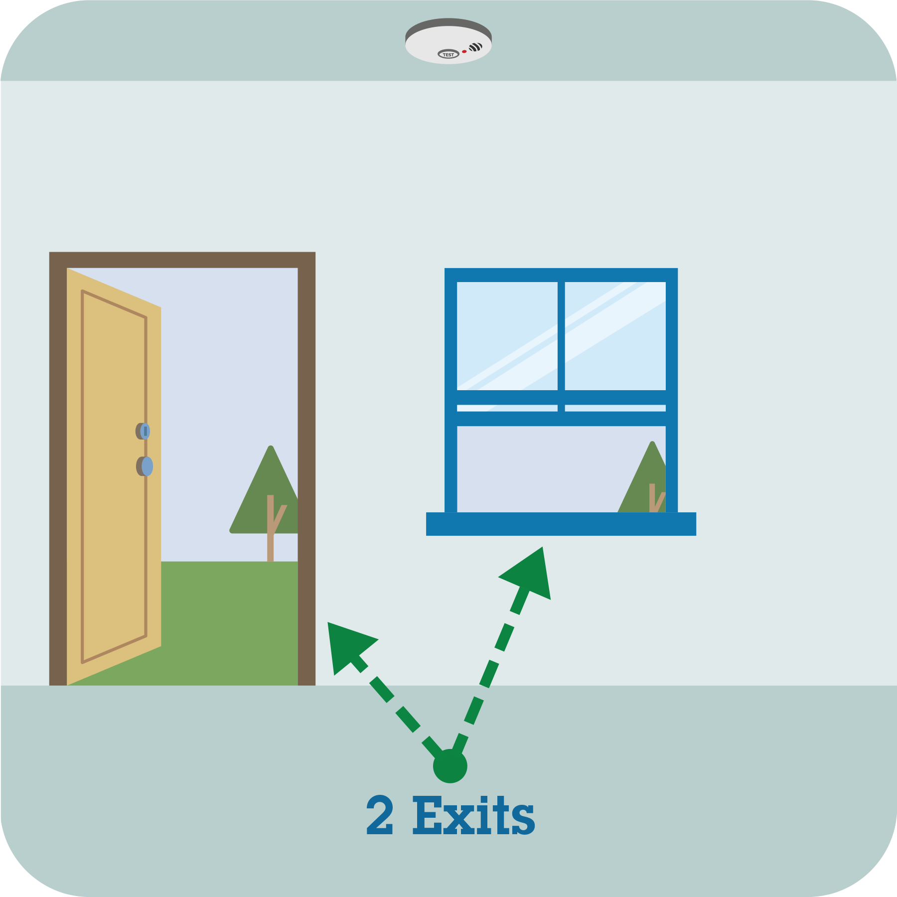 A room with two exits (window and door).