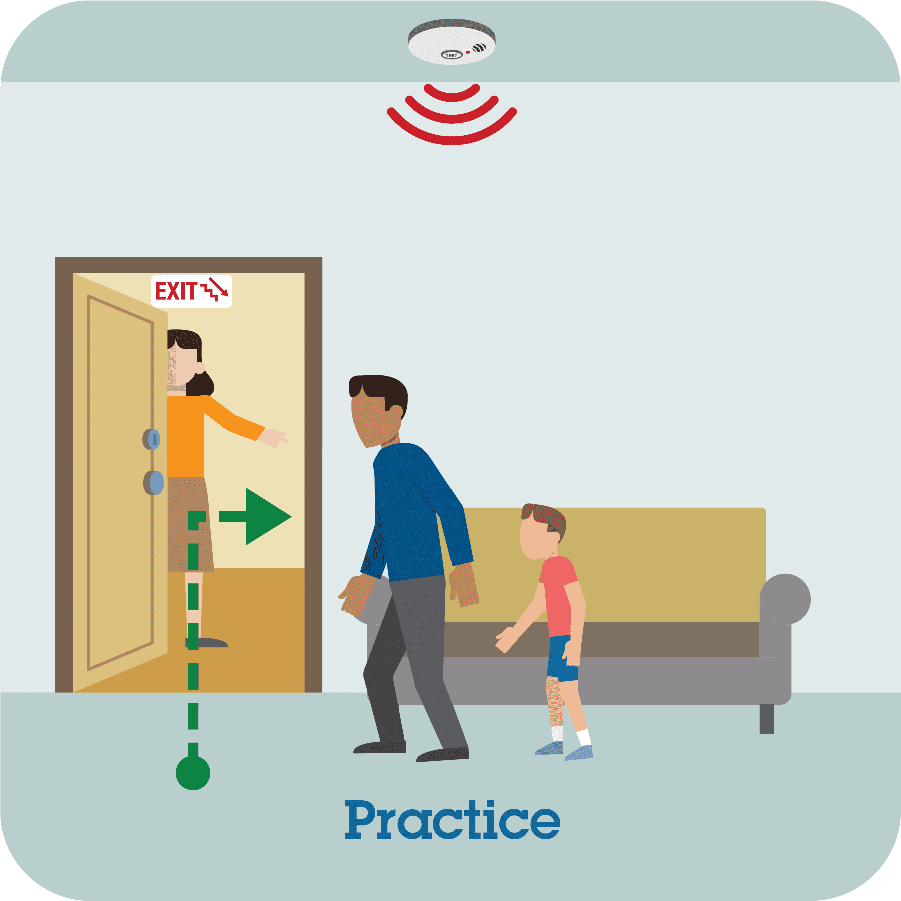 Alarm sounding. Man and boy walking into hallway where a woman is pointing to the exit.