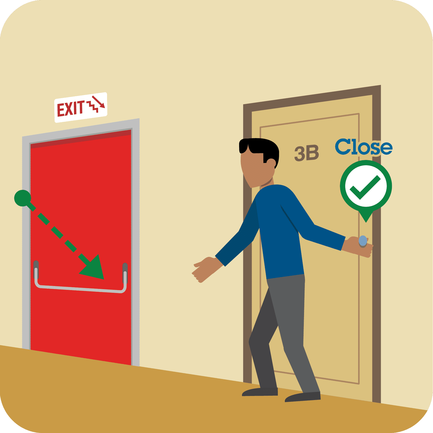 Man closing the door to the apartment. Green arrow showing the way to exit.