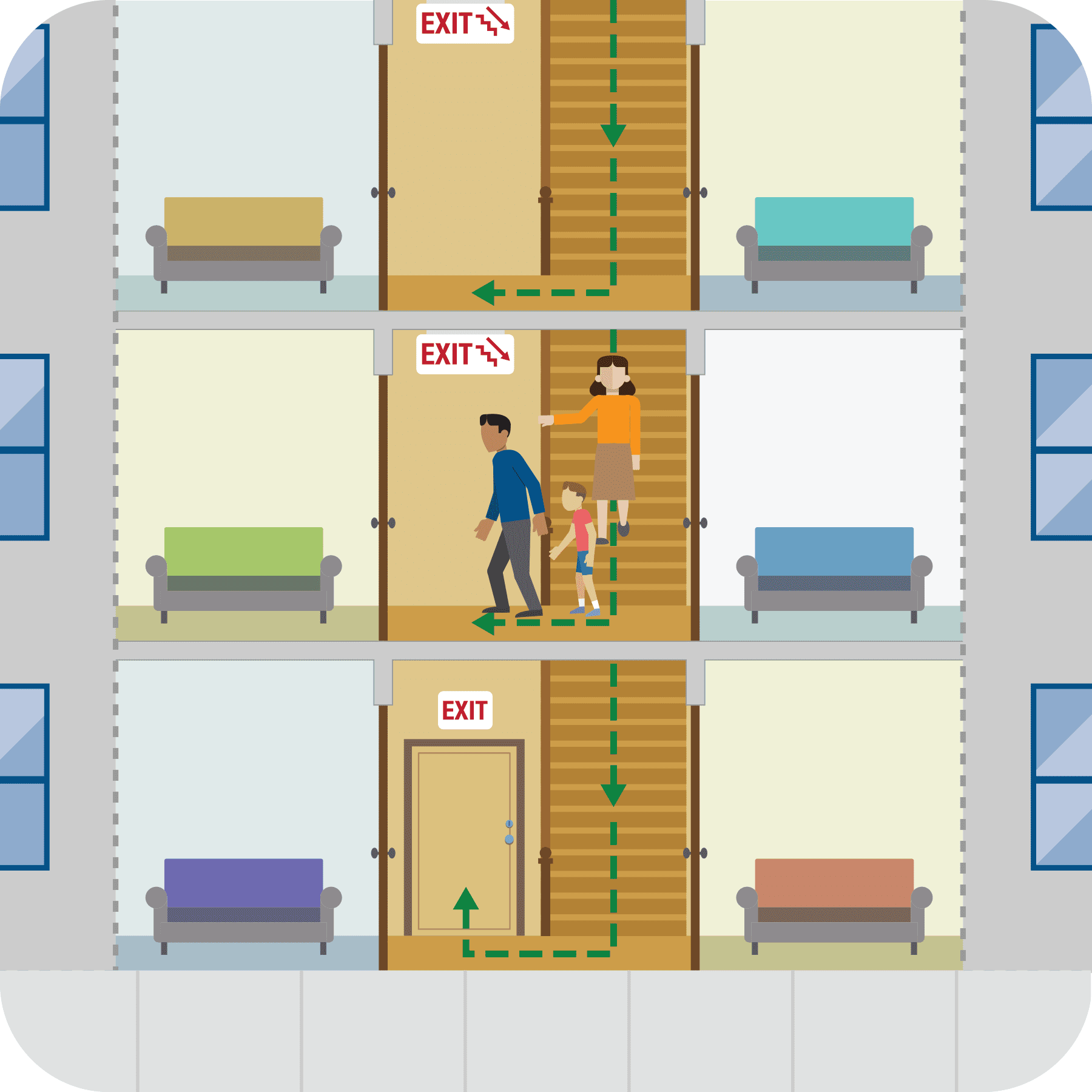 Man, boy and woman walking down stairs in an apartment building towards the exit.