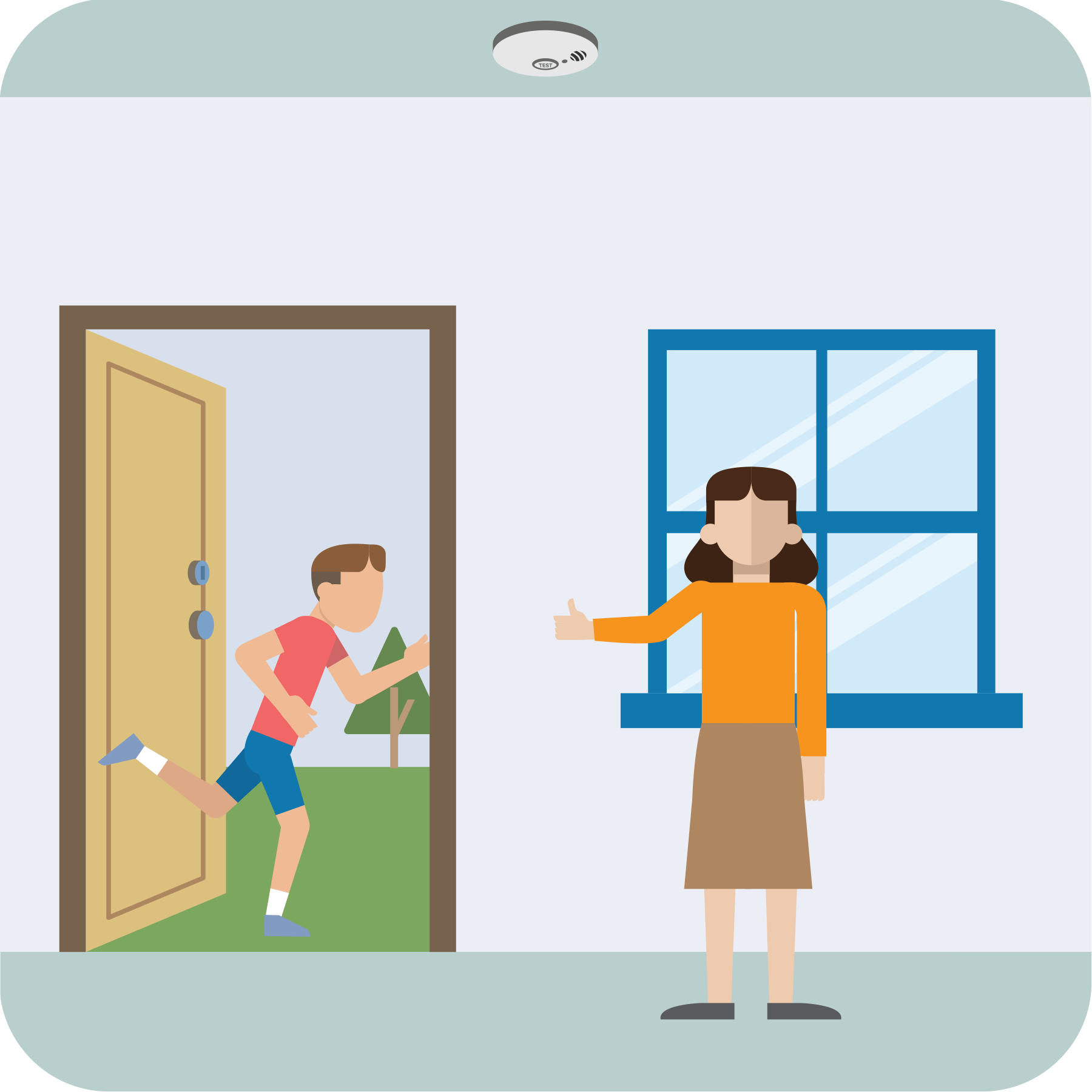 A mother watches as her child practices escaping through a door.