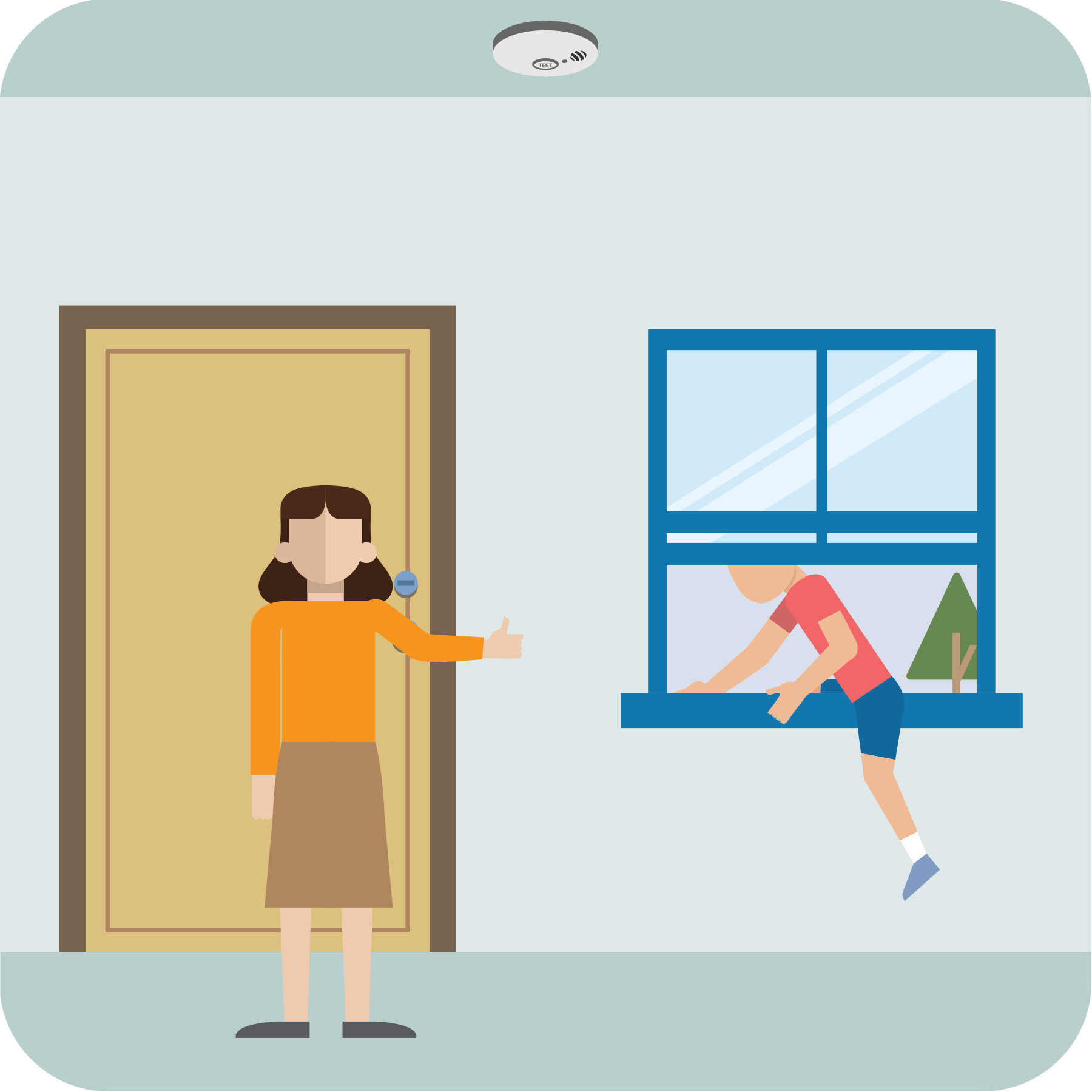A child practices escaping from a window.