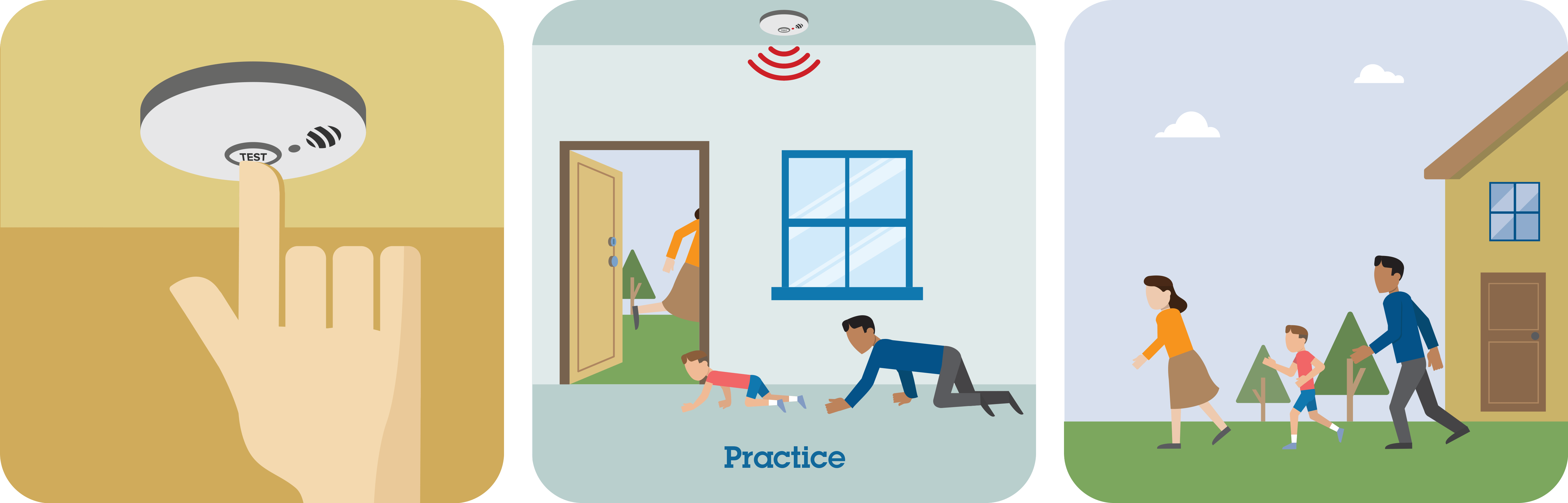 graphic showing a family practicing a home fire drill