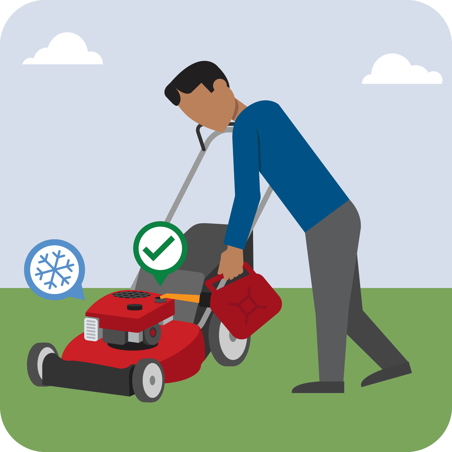 A man is fueling a cool lawnmower. A green checkmark is over the lawnmower.