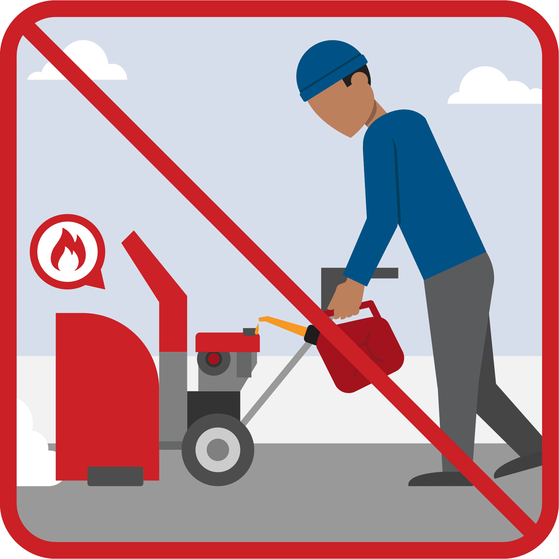 A man is fueling a hot snow blower. A red line is drawn across the illustration.