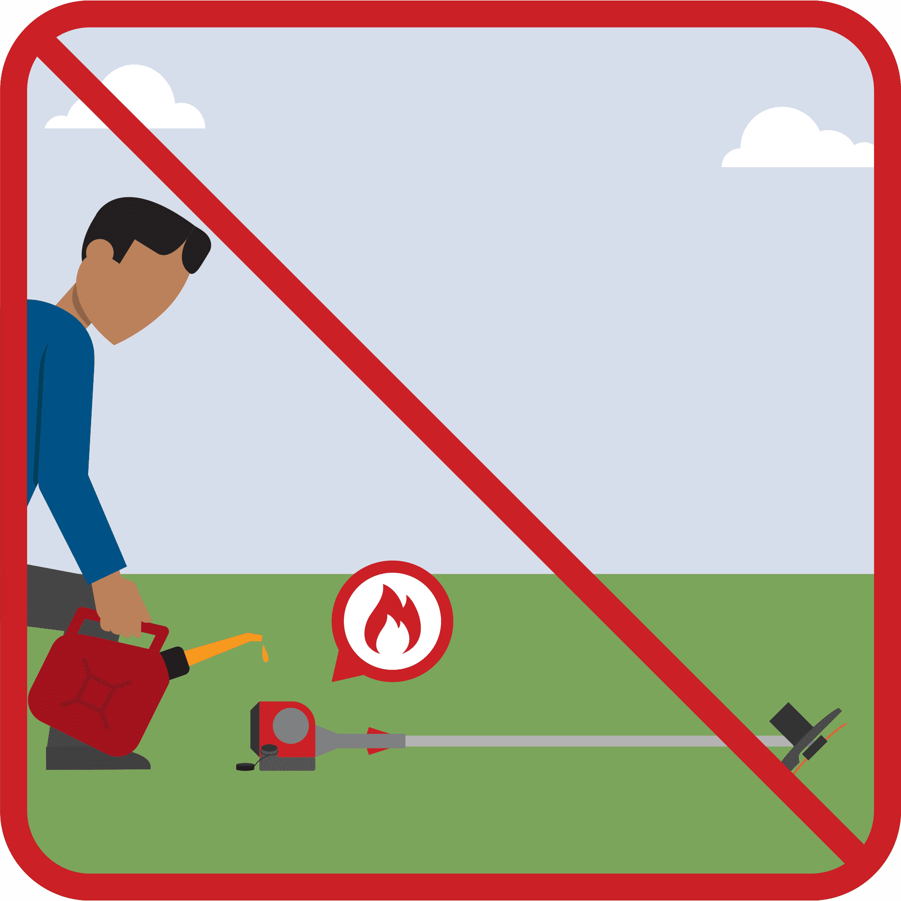A man is fueling a hot weed trimmer. A red line is drawn across the illustration.