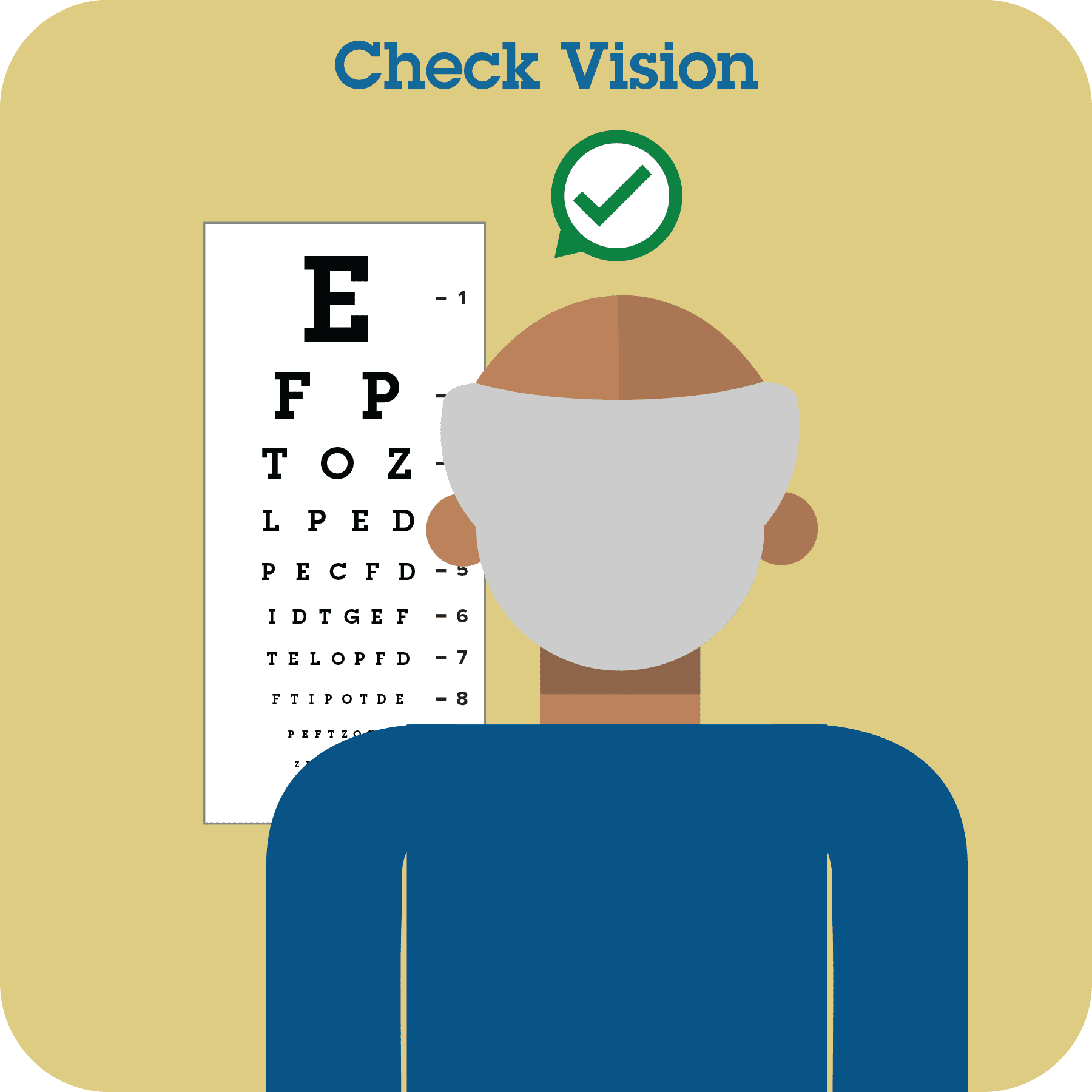 An older man is getting his vision checked, with a green check mark displayed.