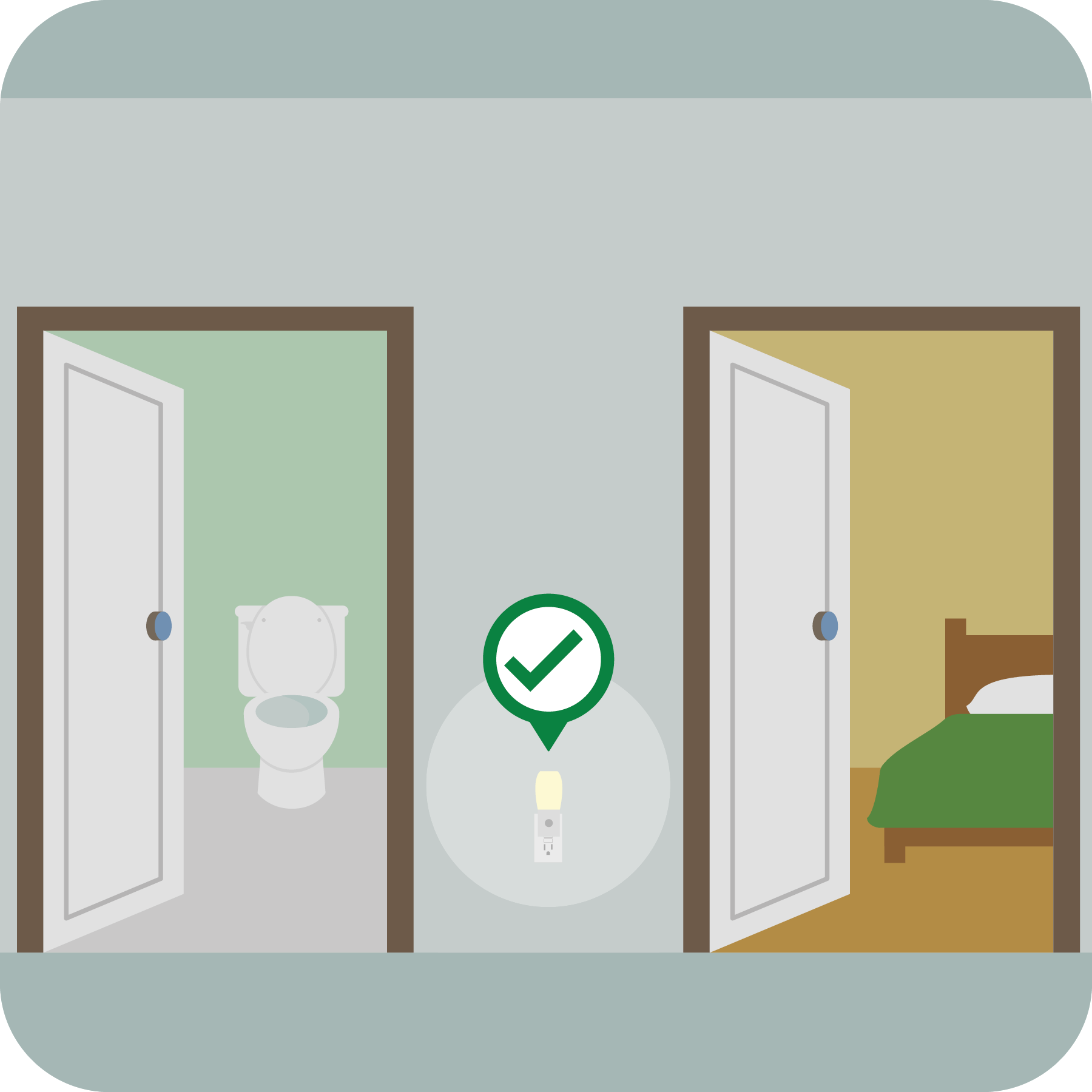 A night light is show between the bedroom and bathroom doors.