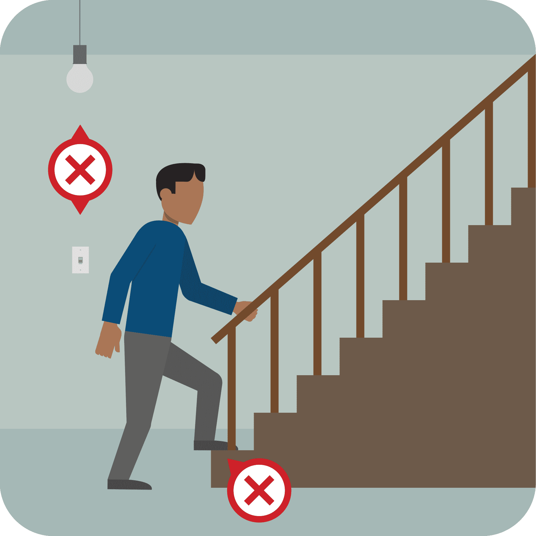 A man is walking up the stairs with the ceiling light off.