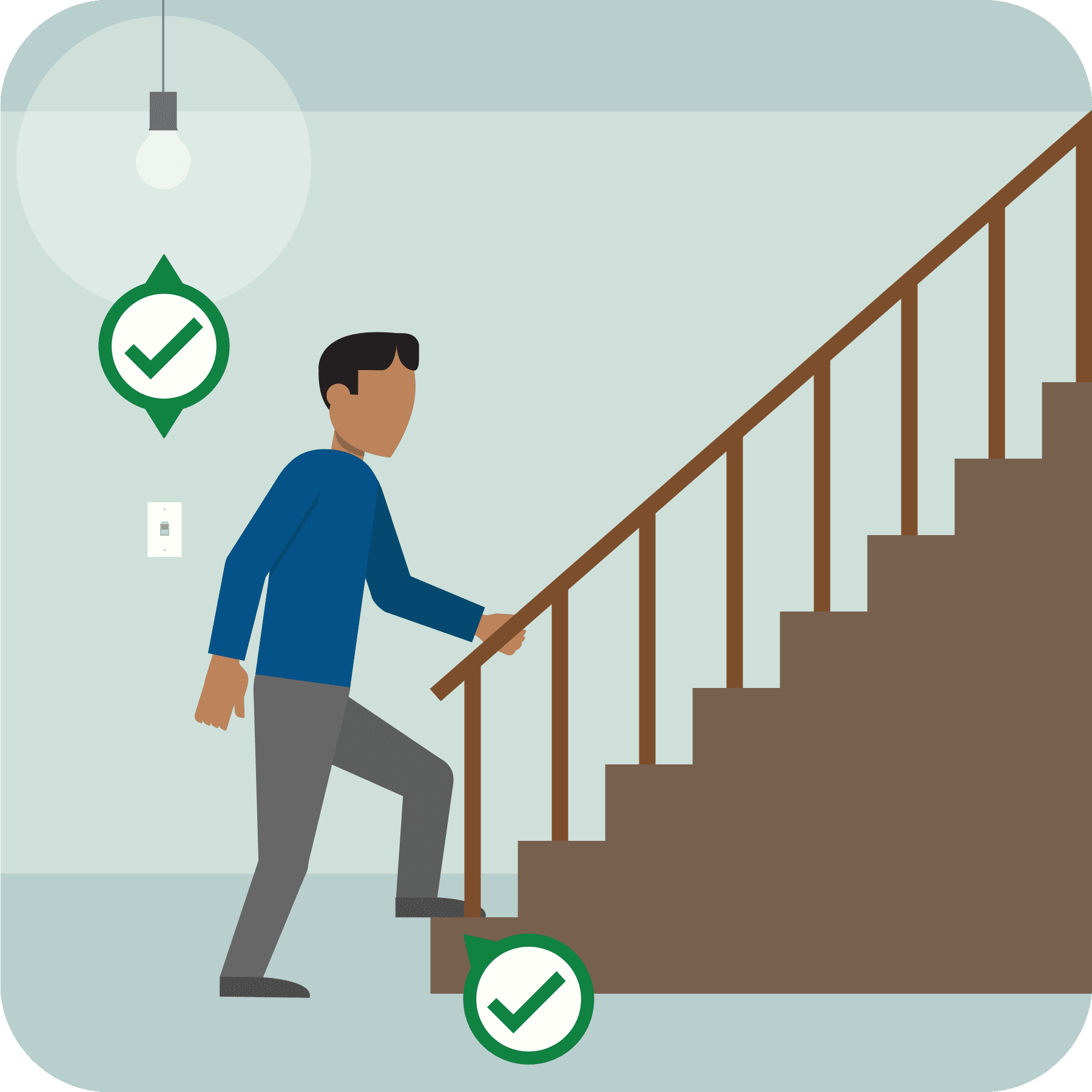 The man is walking up the stairs with the lights on.
