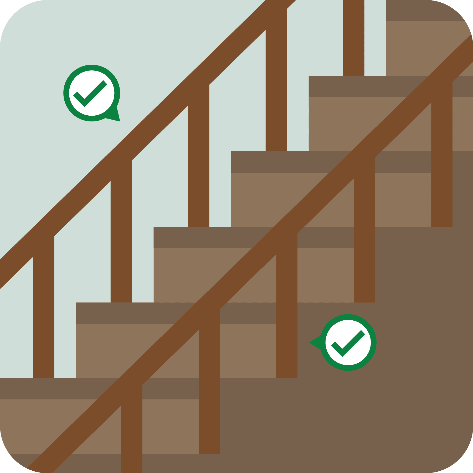 A stairway with handrails on both sides. A green checkmark is shown.