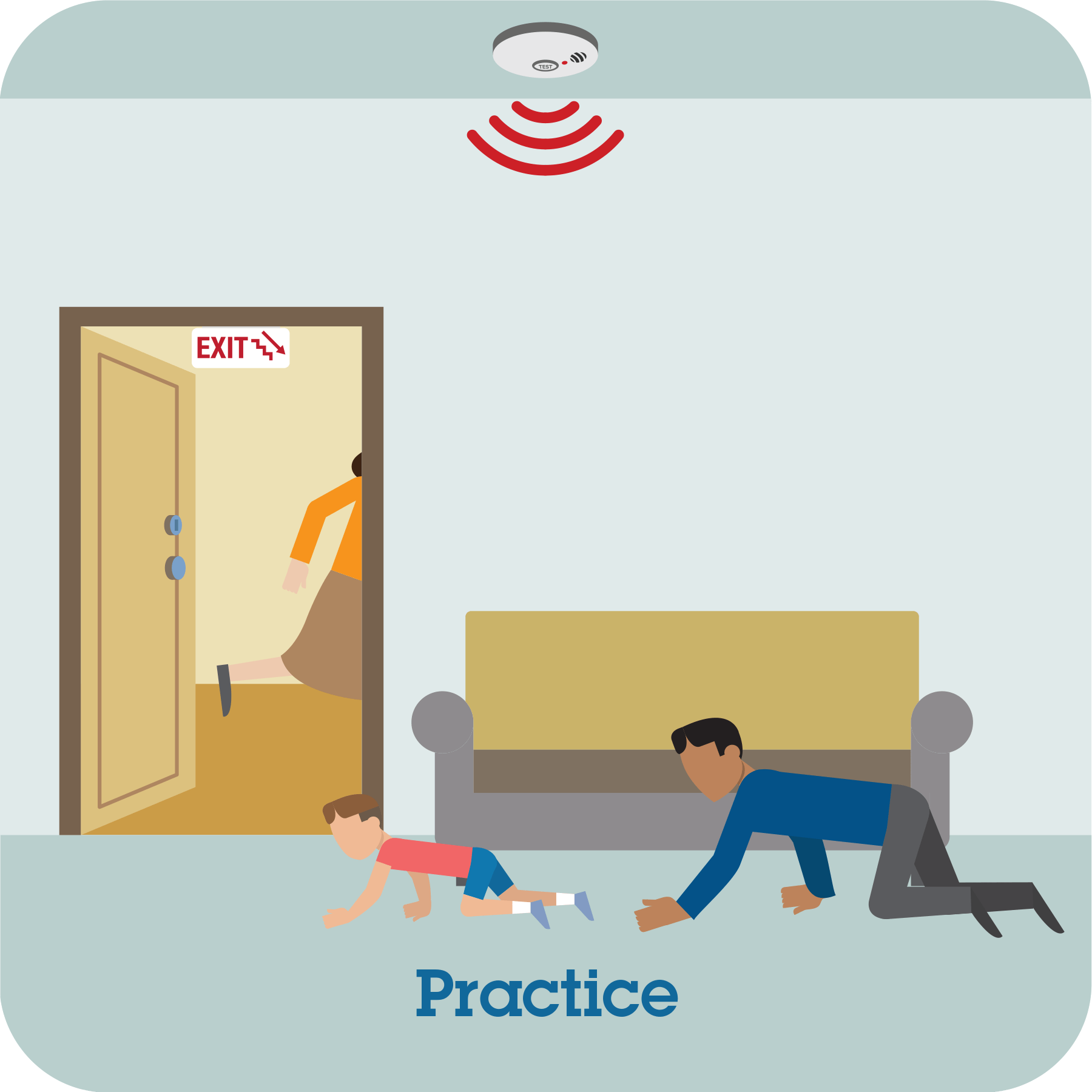 Alarm sounds and boy and man crawling on the floor with practice prompt.