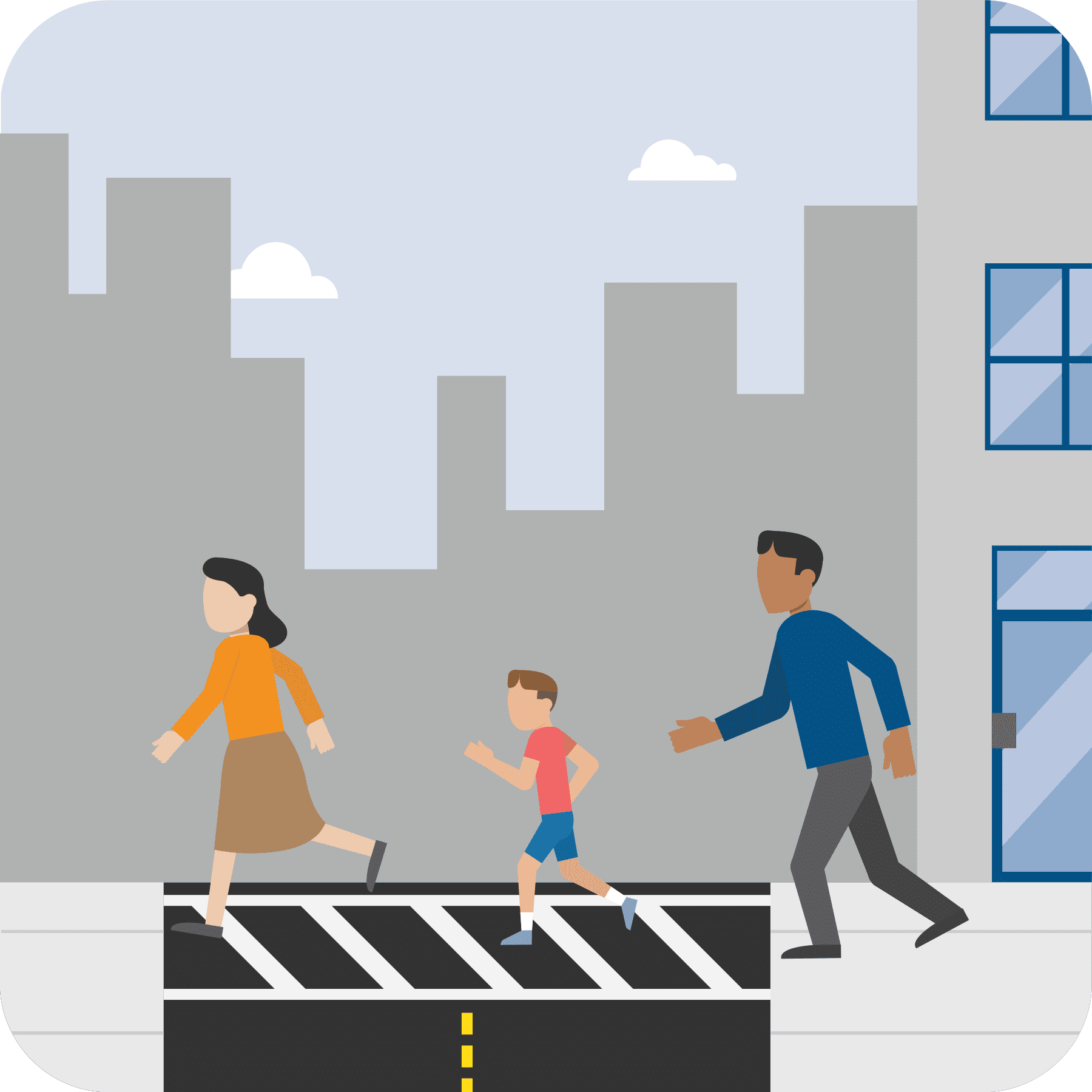 Family crossing the street to their safe meeting place.