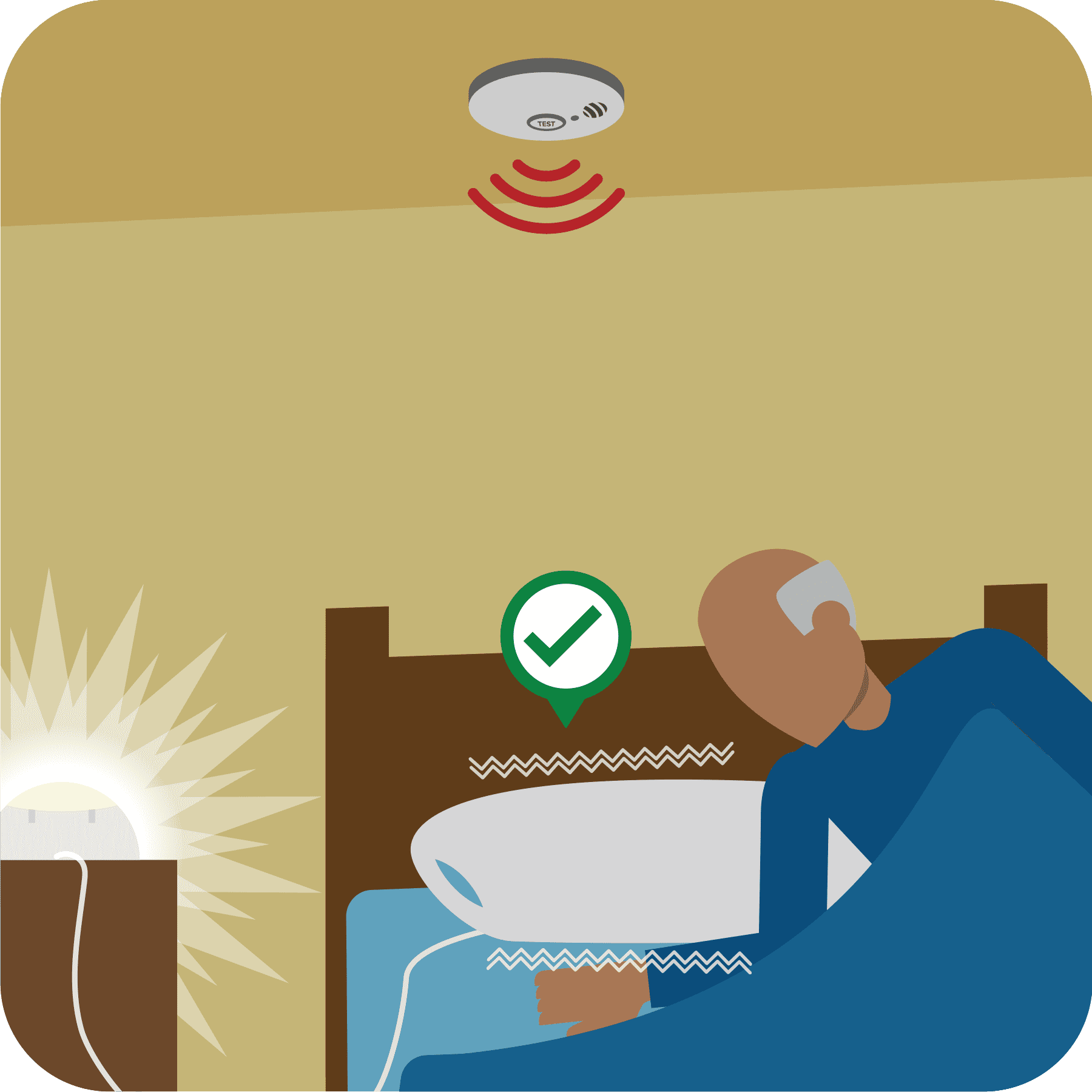 A man's pillow shaker, smoke alarm and strobe light activates.