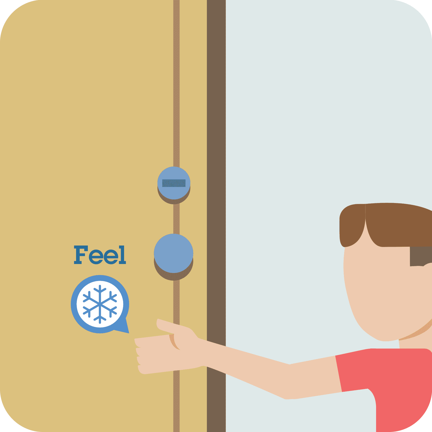 Boy touches door with prompt feel. Snowflake to indicate door is cool.