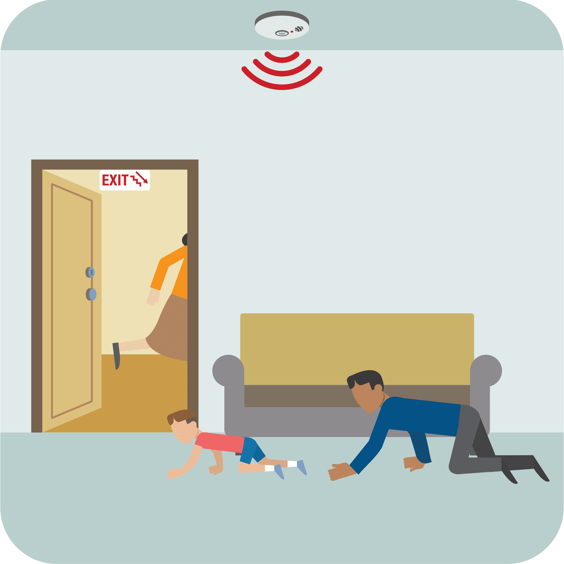 Alarm sounding, woman in hallway, boy and man crawling to the exit.
