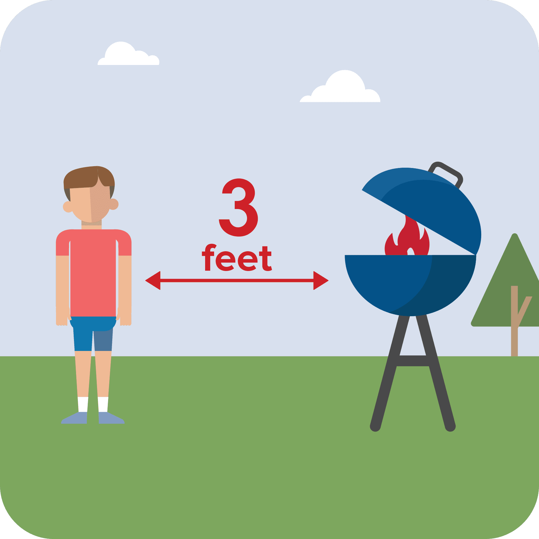A boy standing 3 feet away from the outdoor grill.