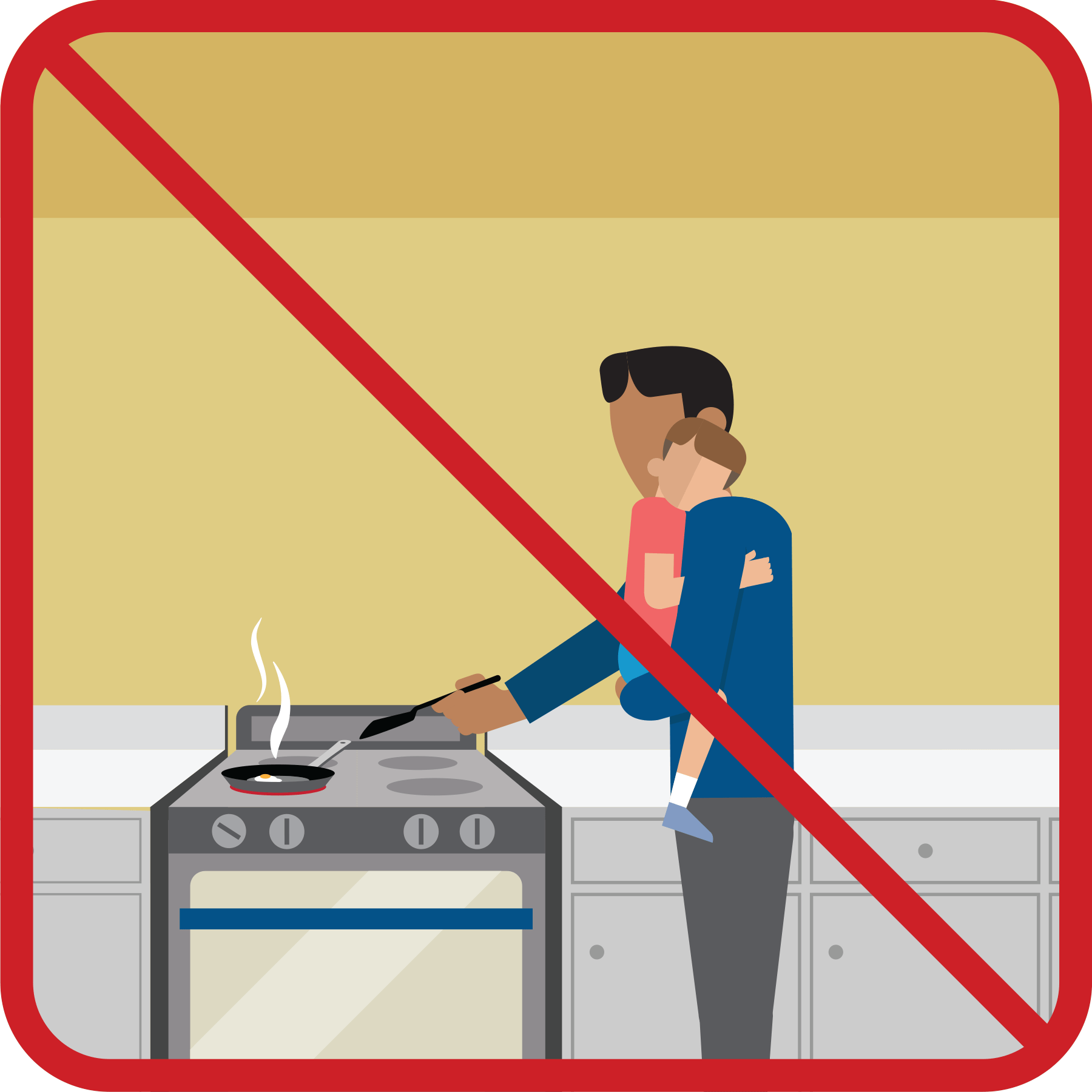 A man holding a child while cooking.